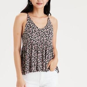 American Eagle Soft & Sexy Ribbed Top Peplum Floral Black Pink Tank Womens Small